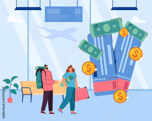 Tiny tourists in airport and huge expensive tickets vector illustration. Money banknotes and coins. Decline in tourism, high prices for tickets, travelling concept