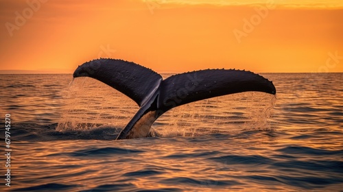 Southern Right Whale (Eubalaena australis) fluking at sunset photo
