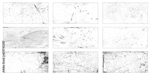 Grunge material monochrome set textures with dirty old surfaces with scratches and damage for magazine cover design vector illustration