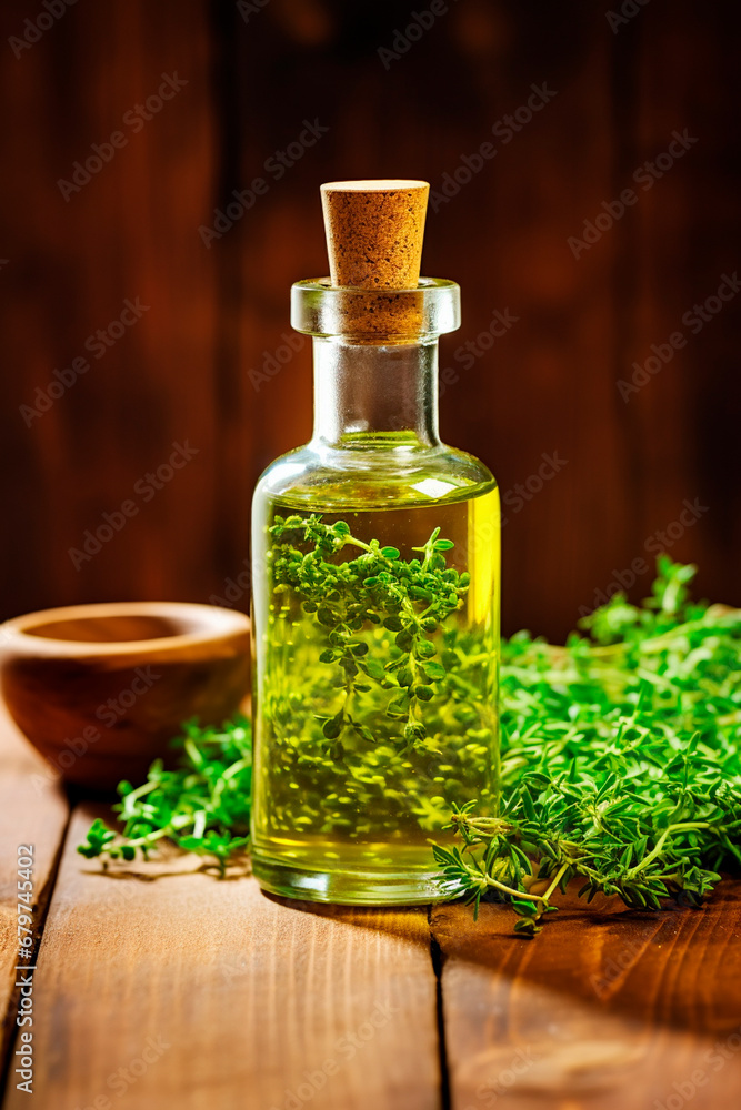 Thyme essential oil in a bottle. Generative AI, Thyme essential oil in a bottle. Generative AI,