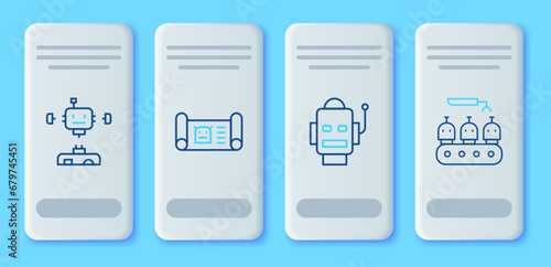 Set line Robot blueprint, Disassembled robot and Industrial production of robots icon. Vector