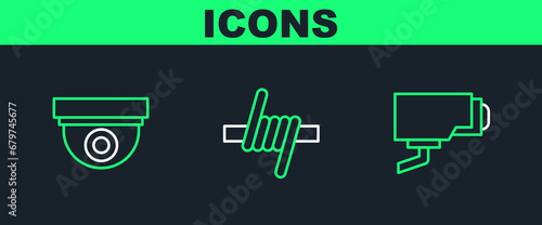 Set line Security camera, and Barbed wire icon. Vector