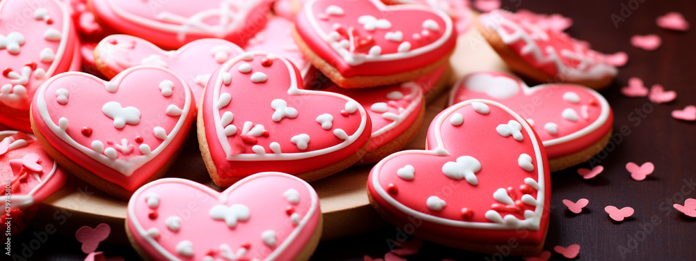 Cookies in the shape of hearts in glaze. Generative AI,