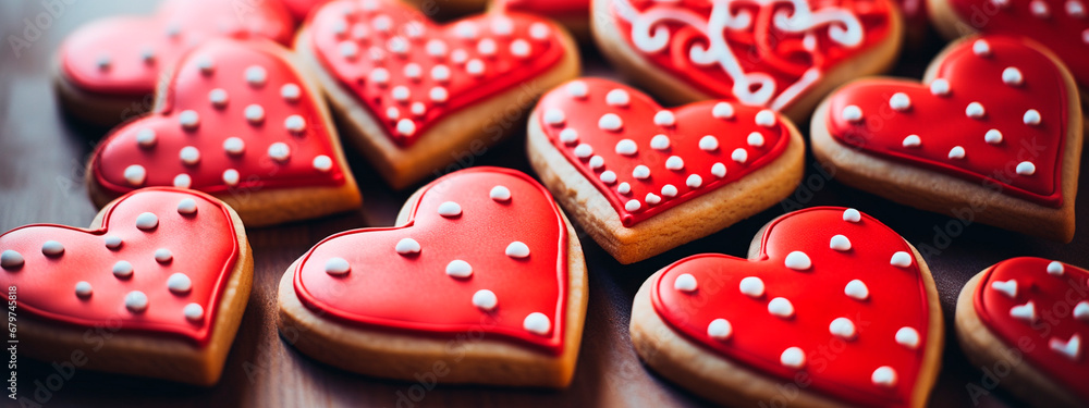 Cookies in the shape of hearts in glaze. Generative AI,