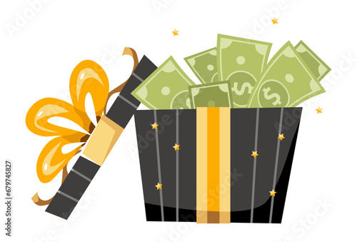 Gift box with bills of money. Business concept. Cash bonus. Flat vector illustration
