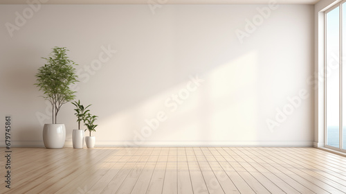 Empty modern apartment in minimalistic style with white wall, window, potted plants and free space for product or text. Generative AI.