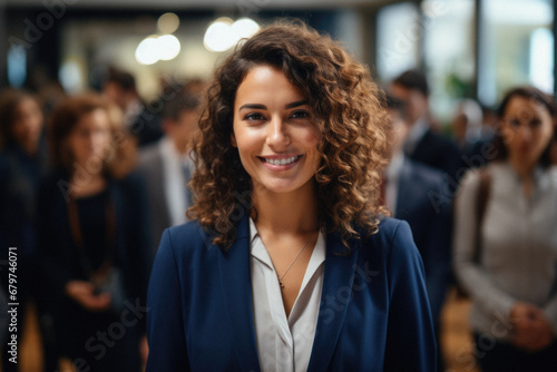 Portrait of smiling businesswoman in office with colleagues in the background.