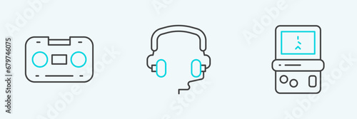 Set line Tetris, Retro audio cassette tape and Headphones icon. Vector
