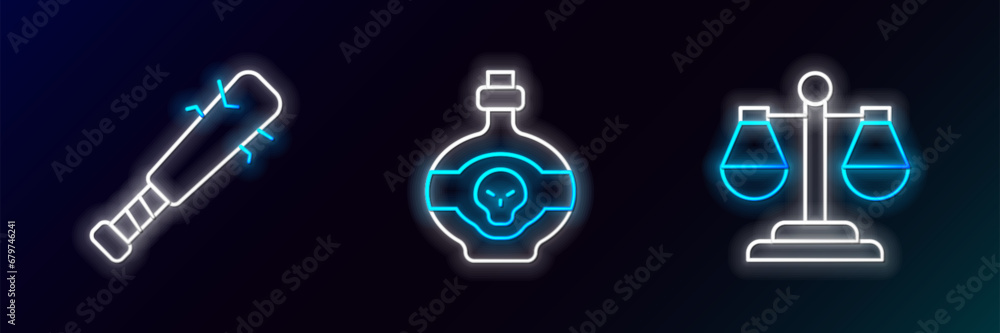 Set line Scales of justice, Baseball bat with nails and Poison in bottle icon. Glowing neon. Vector Set line Scales of justice, Baseball bat with nails and Poison in bottle icon. Glowing neon. Vector