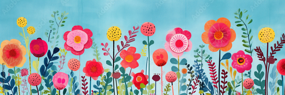 Pretty abstract meadow with a plethora of colorful wild flowers in bloom, poppy and daisies with cosmos floral background illustration - delightful and dazzling 
vivid red and blue with bright orange.