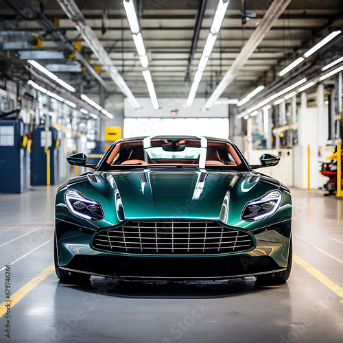 a green sports car in a factory