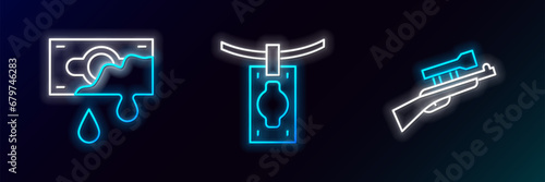Set line Sniper rifle with scope, Bloody money and Money laundering icon. Glowing neon. Vector