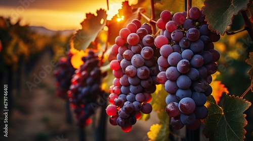 Ripe red grapes on vineyards in autumn harvest at sunset. Tuscany, Italy