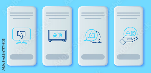 Set line Advertising, Customer product rating, Dislike speech bubble and icon. Vector