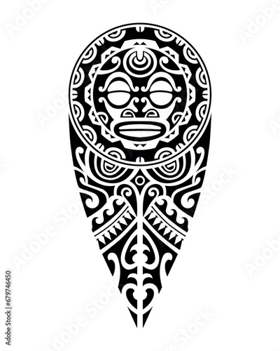 tattoo sketch maori style for leg or shoulder with sun symbols face. Black and white.