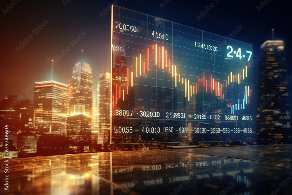 Financial chart on screen with city backdrop. Investment and trading background for stock, crypto, forex market. Cityscape at night. - obrazy, fototapety, plakaty 
