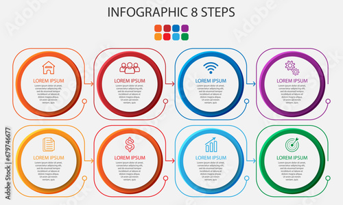 Desain Infografis Bisnis sederhana, vektor
templat dengan garis warna warni, ikon, angka dan
8 pilihan atau langkah. Dapat digunakan untuk proses diagram,
presentasi, tata letak alur kerja, spanduk, d