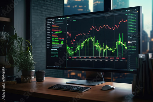 Computer Monitor with Trading Charts: Candlestick Graph of Stock Market Investment. Improved Business Information Reflected in Financial Graph, Data Analytics on Desktop Screen