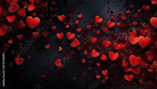Scattered Red Hearts Illuminating Love on a Dark Background: A Symbol of Romance and Passion
