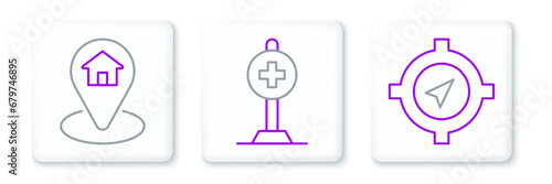 Set line Compass, Location with house and cross hospital icon. Vector