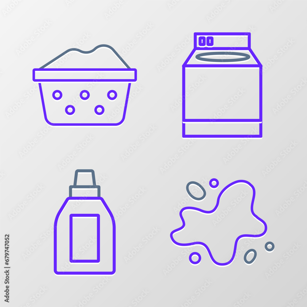 Set line Water spill, Bottle for cleaning agent, Washer and Basin with soap suds icon. Vector