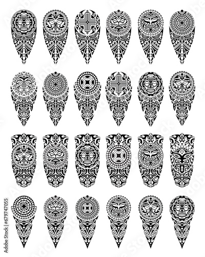 Set of tattoo sketch maori style for leg or shoulder with sun symbols face and swastika. Black and white.