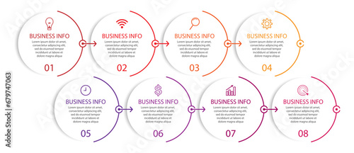 Desain Infografis Bisnis sederhana, vektor
templat dengan garis warna warni, ikon, angka dan
8 pilihan atau langkah. Dapat digunakan untuk proses diagram,
presentasi, tata letak alur kerja, spanduk, d