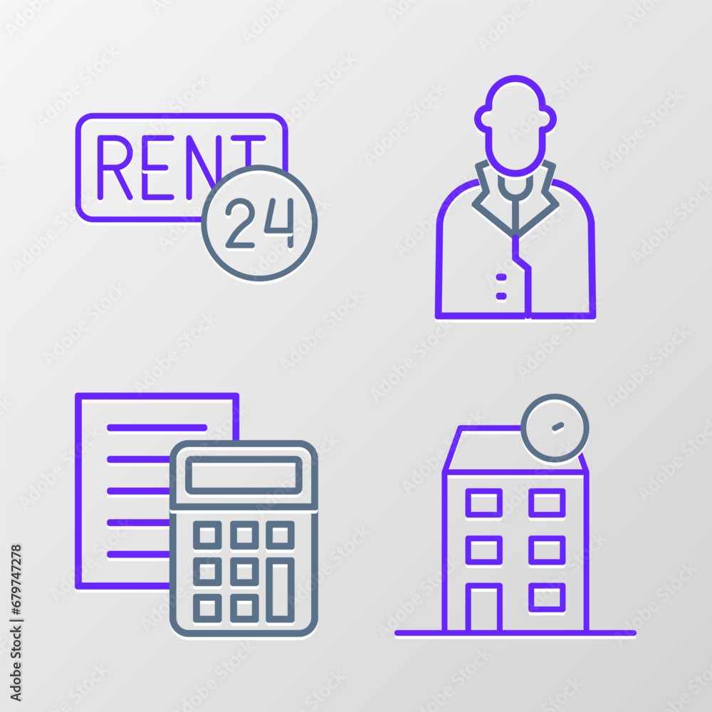 Set line House, Calculator, Realtor and Rent icon. Vector Set line House, Calculator, Realtor and Rent icon. Vector