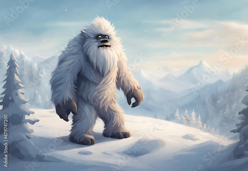 Furry yeti character creature in winter landscape.AI generated 
