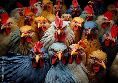 Hühner und Hähne - Viele Tierköpfe füllen das Bild aus. Niedliche Tiere schauen zum Betrachter © paganin