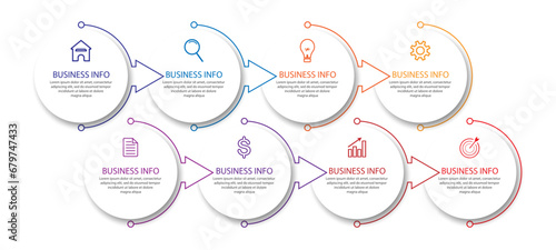Desain Infografis Bisnis sederhana, vektor
templat dengan garis warna warni, ikon, angka dan
8 pilihan atau langkah. Dapat digunakan untuk proses diagram,
presentasi, tata letak alur kerja, spanduk, d