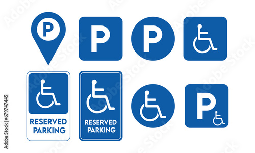 Parking sign set. Various handicapped or accessibility parking only sign, Handicap reserved parking sign photo