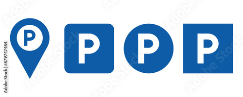 Parking signs with different shapes icon set, Parking sign and parking map pin photo