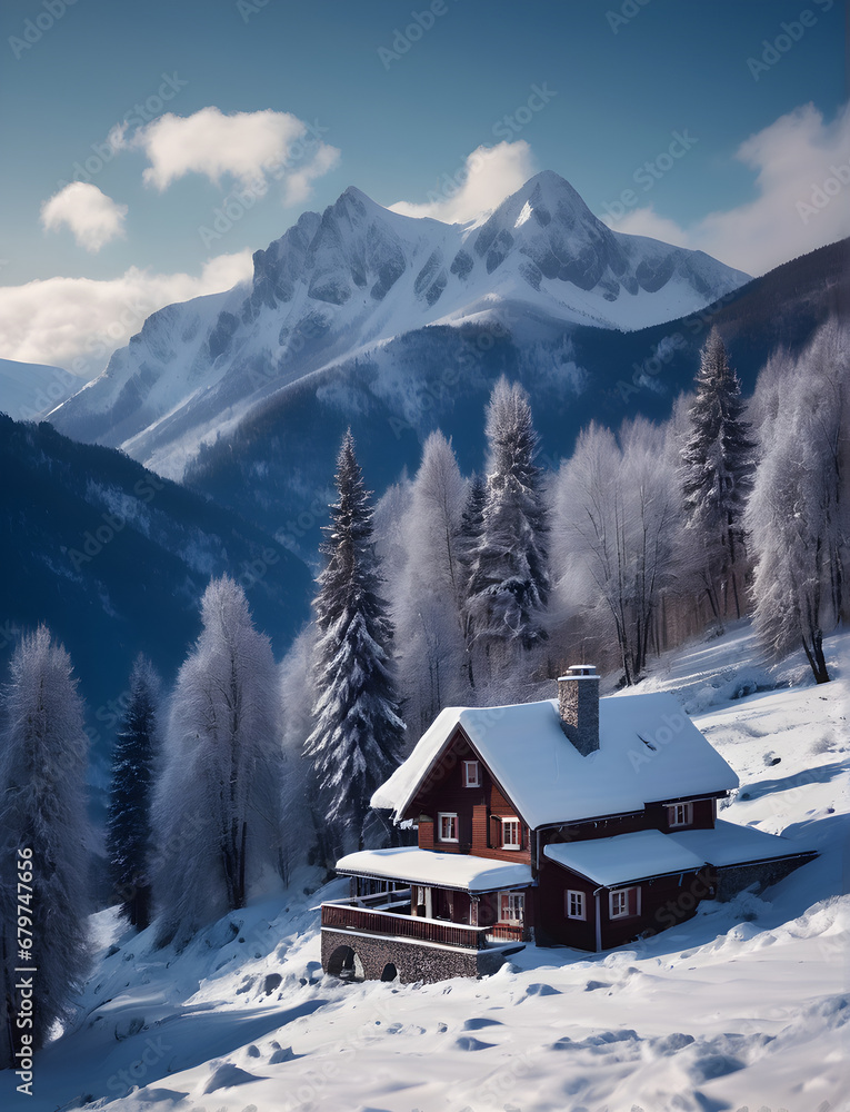House in the mountains. Winter mountain landscape. Snowy winter in the mountains. Snowy landscape on a winter mountain. Snowy cottage in the mountains. generative AI