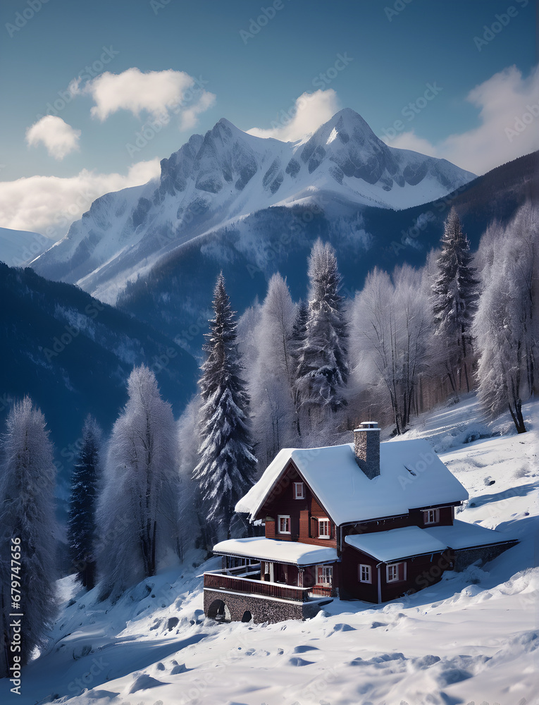 Fototapeta premium House in the mountains. Winter mountain landscape. Snowy winter in the mountains. Snowy landscape on a winter mountain. Snowy cottage in the mountains. generative AI