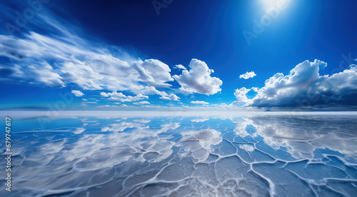 lago salato boliviano, cielo e terra che si specchiano, nuvole rosa, incanto,  photo