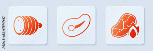 Set Steak meat, Salami sausage and Grilled steak meat and fire flame. White square button. Vector