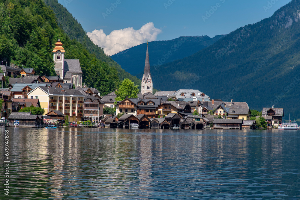 View of Hallstatt Hallstadt town with reflection in lake