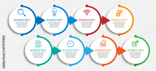 Desain Infografis Bisnis sederhana, vektor
templat dengan garis warna warni, ikon, angka dan
8 pilihan atau langkah. Dapat digunakan untuk proses diagram,
presentasi, tata letak alur kerja, spanduk, d