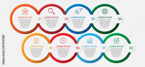 Desain Infografis Bisnis sederhana, vektor
templat dengan garis warna warni, ikon, angka dan
8 pilihan atau langkah. Dapat digunakan untuk proses diagram,
presentasi, tata letak alur kerja, spanduk, d