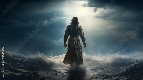Jesus walking on stormy waves.
