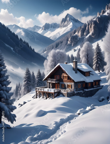 House in the mountains. Winter mountain landscape. Snowy winter in the mountains. Snowy landscape on a winter mountain. Snowy cottage in the mountains. generative AI © EVISUAL