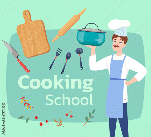 Cooking school banner design. Chef with saucepan and kitchen utensils. Culinary workshop, cooking class concept