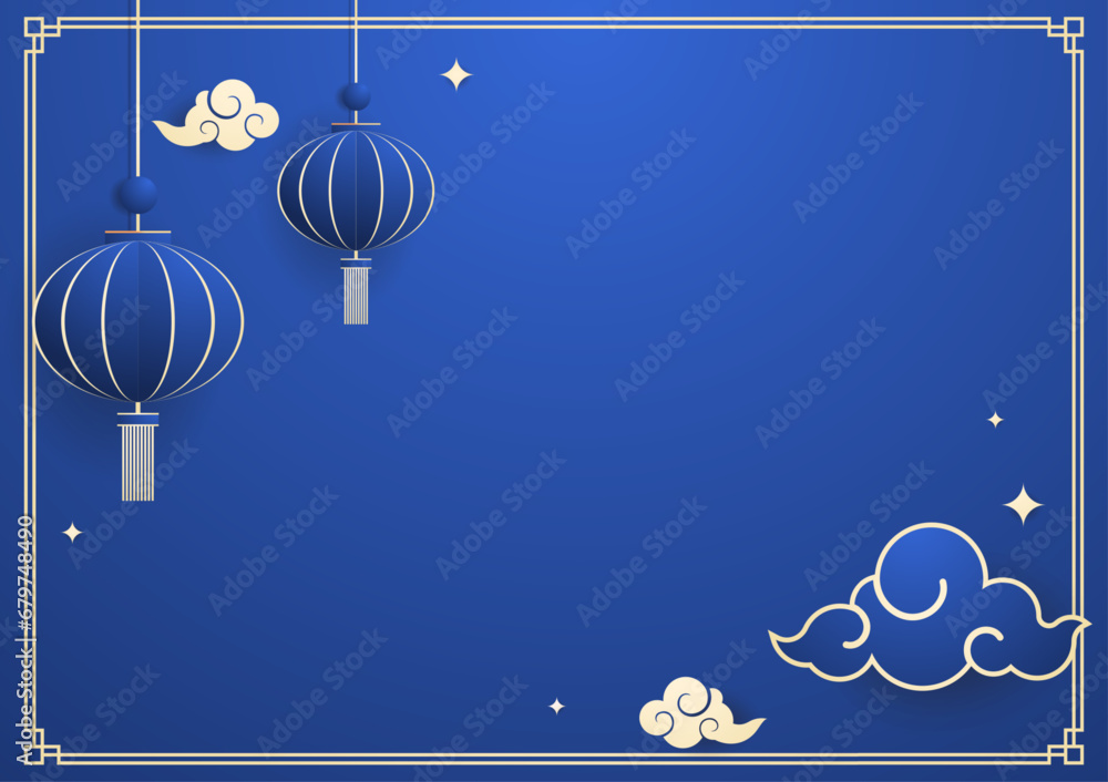 Happy Chinese new year 2024. Chinese new year banner with circle for show product. Greeting card. China frame with lantern on Blue background.