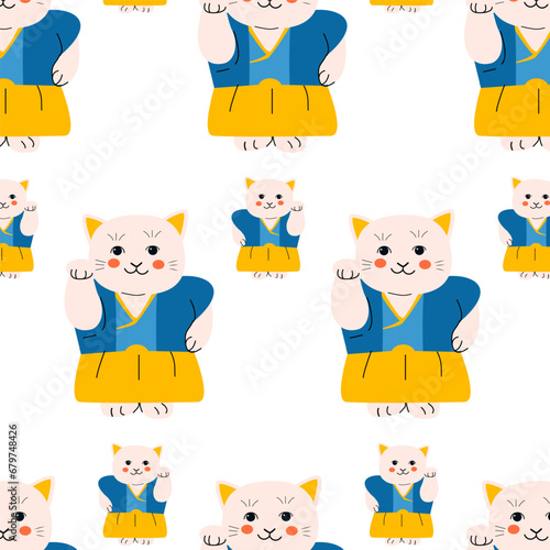 cute fabric pattern with maneki cat in kimono 