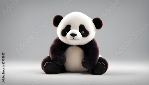 Cute beautiful plush panda on a gray background, cute toy, beautiful big panda smiling