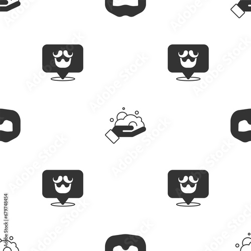 Set Mustache and beard, Shaving foam on hand and Barbershop on seamless pattern. Vector