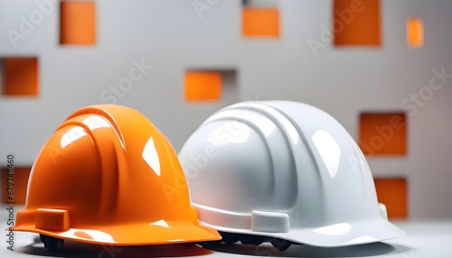 Construction helmets on a white background, orange and white construction helmet
