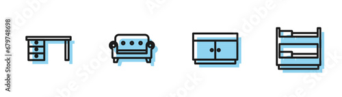 Set line Chest of drawers, Office desk, Sofa and Bunk bed icon. Vector