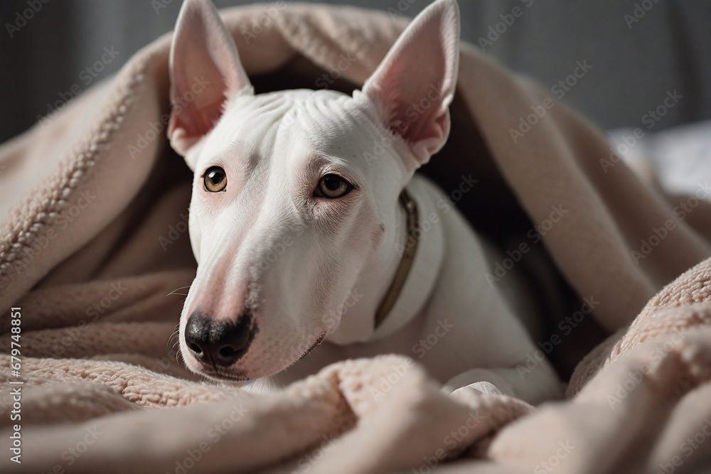 White bull terrier lies on the background of a warm blanket.White bull terrier lies on the background of a warm blanket